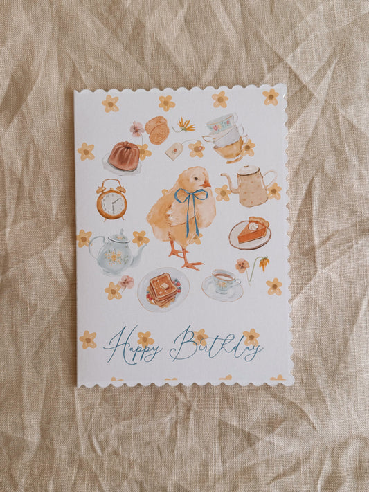 Scalloped Card - Chick Tea Time Happy Birthday